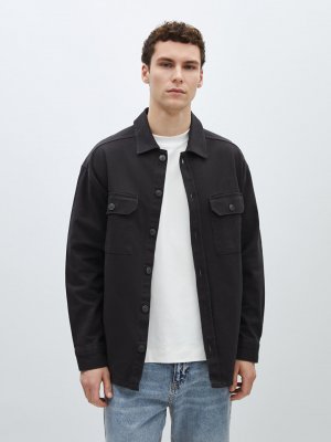 Удобная мужская куртка-рубашка из габардина с длинным рукавом , темный антрацит LCW Casual