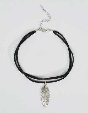 Двухрядное ожерелье-чокер с подвеской-пером Love Rocks. Цвет: черный