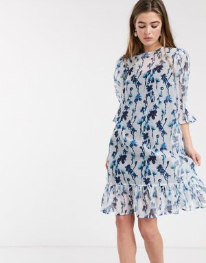 Свободное платье миди с цветочным принтом и баской -Голубой Lost Ink