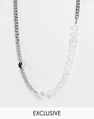 Серебристое ожерелье в стиле унисекс с отделкой жемчугом и подвеской символом инь-ян Inspired-Серебристый Reclaimed Vintage