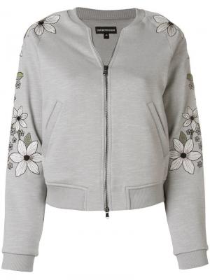 Куртка-бомбер с цветочной вышивкой Emporio Armani. Цвет: серый