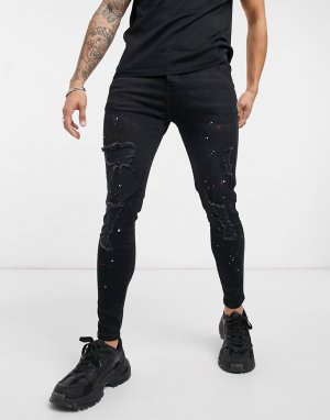 Черные облегающие джинсы с рваными деталями -Черный SikSilk