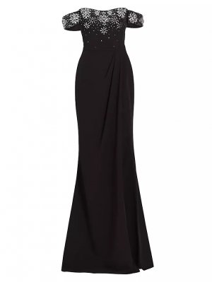 Платье из эластичного крепа с открытыми плечами, расшитое бисером , черный Marchesa Notte