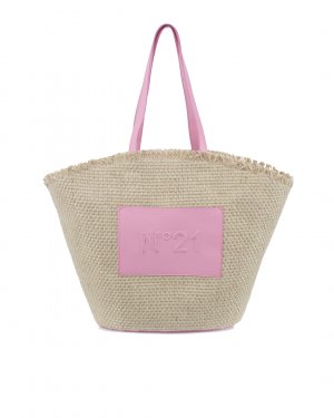 Плетеная сумка № 21. Цвет: бежевый+розовый