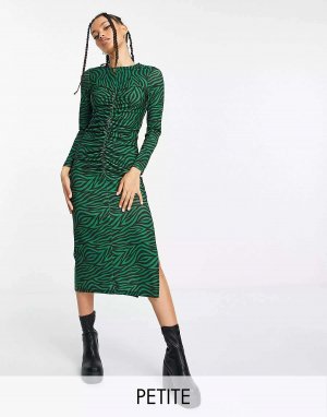 Зеленое платье миди со сборками и длинными рукавами New Look