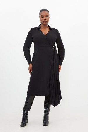 Мягкое приталенное платье-рубашка со складками и поясом больших размеров , черный Karen Millen