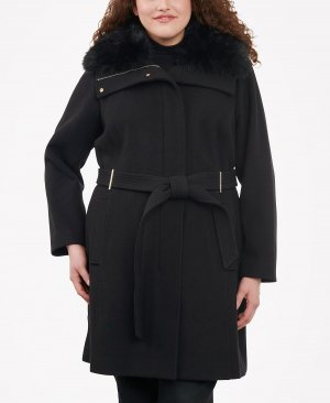 Женское пальто больших размеров на молнии с воротником из искусственного меха и поясом , черный Michael Kors