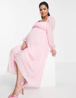 Нежно-розовое плиссированное платье миди с квадратным вырезом и плиссировкой DESIGN Maternity Asos