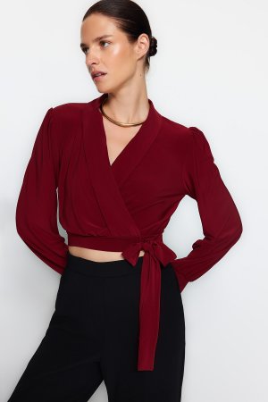 Блузка укороченная с застежкой и завязками, красный Trendyol