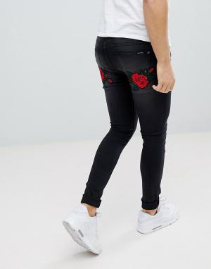 Черные джинсы скинни с вышивкой роз и ласточки Liquor N Poker. Цвет: черный