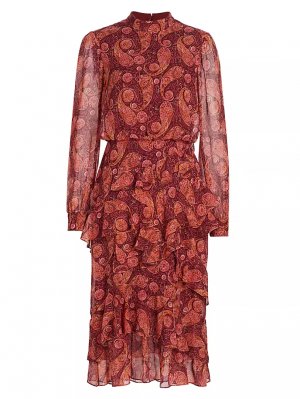 Шелковое платье миди Isa с оборками и принтом , цвет ruby paisley Saloni