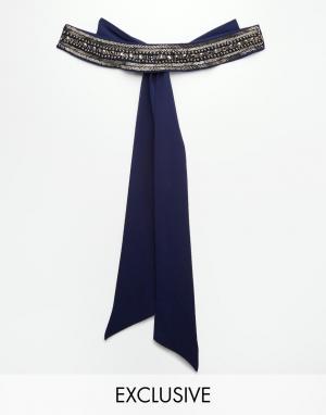 Темно-синий шифоновый пояс с декоративной отделкой WEDDING TFNC