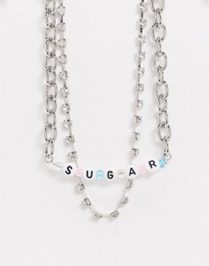 Серебристое ожерелье-чокер с цепочкой и надписью Sugar из бусин -Серебряный Topshop