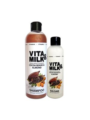 Шампунь VitaMilk 500мл, Бальзам 250мл, аромат: Зерна какао и миндаль VITA-MILK. Цвет: коричневый, белый