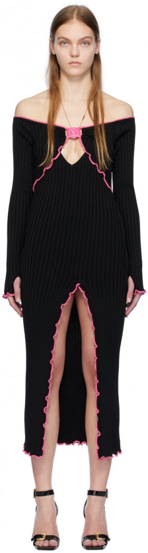 Черное платье-миди с V-образной эмблемой Versace Jeans Couture