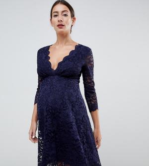 Кружевное темно-синее платье для выпускного с рукавами 3/4 -Темно-синий Flounce London Maternity