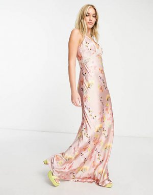 Атласное платье макси с кружевными вставками сиреневого цвета и цветочным принтом Hope & Ivy