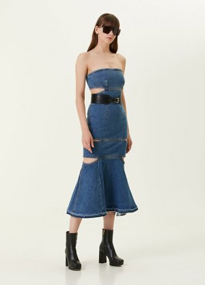 Синее джинсовое платье миди без бретелек с детальной отделкой Alexander McQueen
