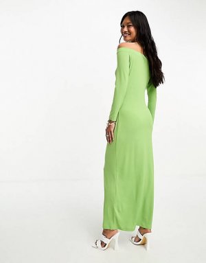 Гламурное зеленое трикотажное платье миди с открытыми плечами Glamorous