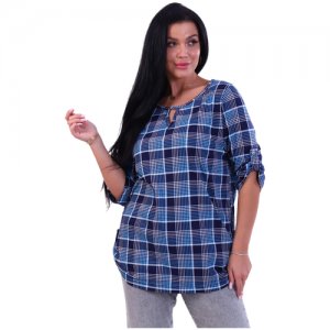 Рубашка женская, оверсайз, с коротким рукавом,хлопок, блузка вырезом, демисезон New Life. Цвет: серый/синий/бирюзовый