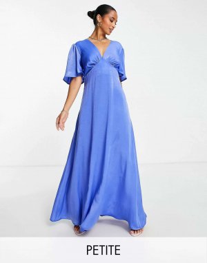 Синее атласное платье макси с глубоким вырезом и рукавами воланами London Petite Flounce