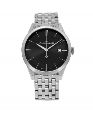 Мужские изысканные серебристые часы из нержавеющей стали, черный циферблат, круглые 40 мм Alexander