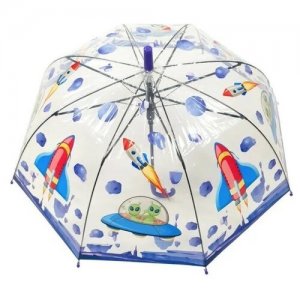 Зонт трость детский для мальчиков и девочек Космическое приключение, прозрачный со свистком полуавтомат, с фиолетовой ручкой Baziator