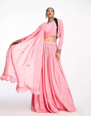 Розовая пышная юбка с вышивкой lehenga Nesavaali