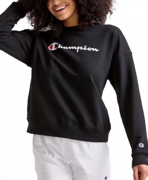 Женский флисовый свитшот с круглым вырезом и логотипом , черный Champion