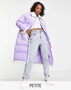 Пурпурное длинное пальто-пуховик контрастного цвета Petite borg Miss Selfridge. Цвет: фиолетовый