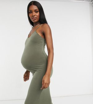 Базовое трикотажное платье на бретельках цвета хаки Flounce Maternity-Зеленый London Maternity