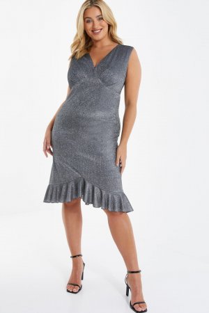 Серебряное облегающее платье миди с оборками Curve, серебрянный Quiz