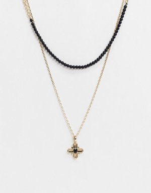 Золотистая цепочка в два ряда с черными бусинами и крестиком -Мульти Chained & Able