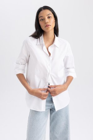 Рубашка оверсайз из 100% хлопка с рубашечным воротником и поплиновой рубашкой длинными рукавами , белый DeFacto