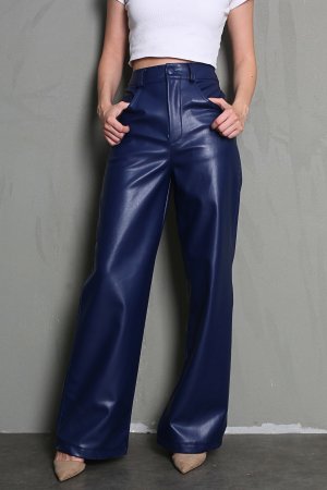 Темно-синие кожаные базовые женские брюки MG1316 , темно-синий Madmext