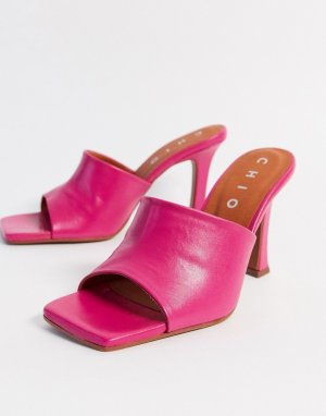 Кожаные мюли цвета фуксии на каблуке с квадратным носком -Розовый цвет Chio
