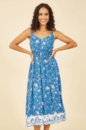 Летнее платье миди на бретелях с цветочным узором , синий Yumi
