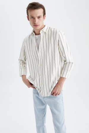 Рубашка из 100% хлопка поплина с воротником поло и длинными рукавами стандартного кроя , бежевый DeFacto