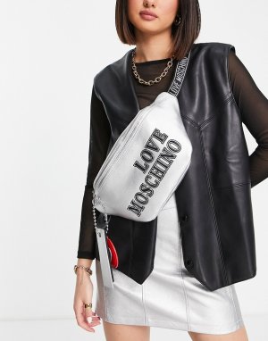 Серебристая сумка-кошелек на пояс с крупным логотипом -Серебристый Love Moschino