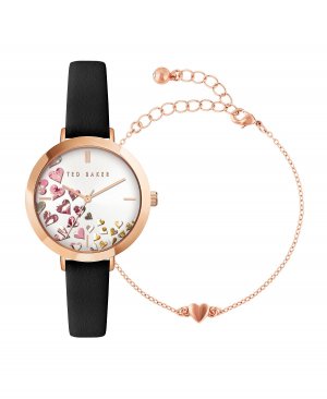 Женские часы Ammy Hearts с черным кожаным ремешком 34 мм и браслетом, подарочный набор, 2 предмета , черный Ted Baker
