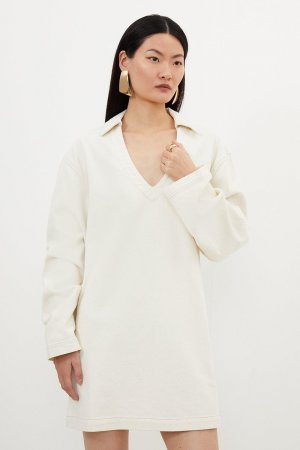 Джинсовое мини-платье с длинными рукавами , белый Karen Millen
