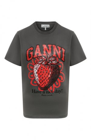 Хлопковая футболка Ganni. Цвет: серый