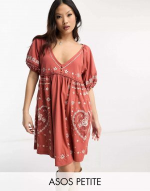 Ржаво-кремовое свободное платье с короткими рукавами и v-образным вырезом ASOS DESIGN Petite