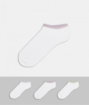 Набор из 3 пар белых коротких носков органического хлопка с блестящей отделкой манжет -Белый Monki