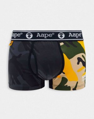Черно-желтые боксеры Aape by A Bathing Ape с камуфляжным принтом и поясом логотипом (Bape)