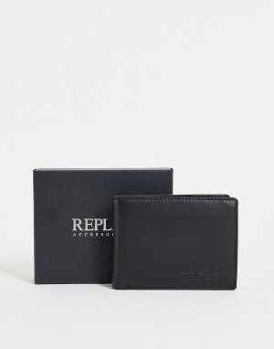 Кожаный бумажник двойного сложения с логотипом -Черный цвет Replay