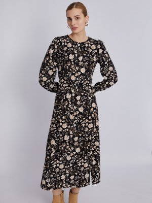Приталенное платье длины миди с цветочным принтом и разрезом на подоле zolla. Цвет: черный