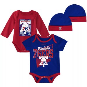 Для новорожденных и младенцев Mitchell & Ness Синий/Красный Филадельфия 76ers Классические боди из трех предметов твердой древесины комплект вязаной шапки с манжетами Unbranded