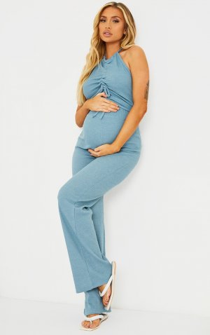 Синие вафельные широкие брюки для беременных PrettyLittleThing