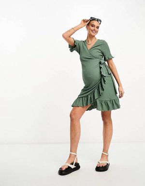 Платье мини цвета хаки с оборками и запахом спереди Maternity Vero Moda